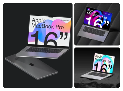 6 Macbook Pro Con Tema Oscuro 3D Animated Mockup 3d pack of graphics and illustrations