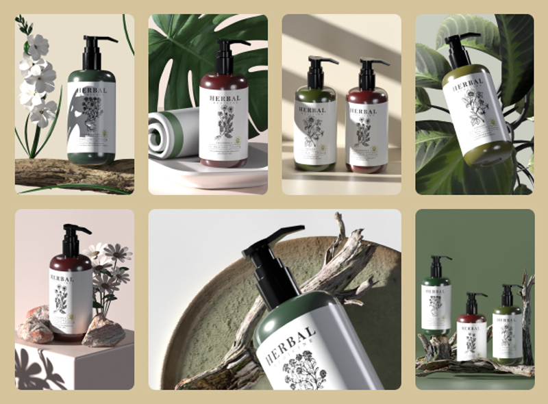 8 Shampoo Bottle Branding Kit Mockup 3d pack of graphics and illustrations