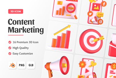 16 Content Marketing  3d pack of graphics and illustrations