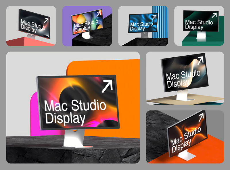 7 Apple Studio Display Mockups 3d pack of graphics and illustrations