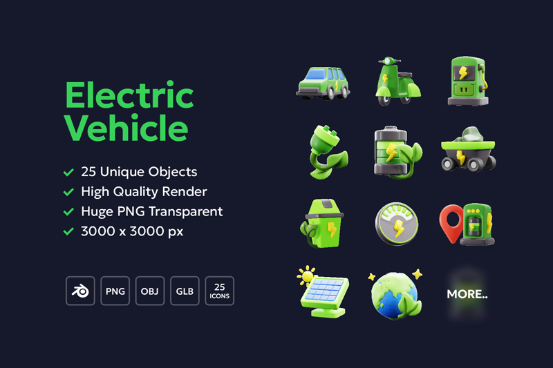 25 Electric Vehicle 3d pack of graphics and illustrations