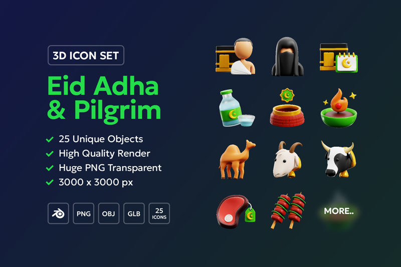 25 Eid Adha & Pilgrim 3d pack of graphics and illustrations