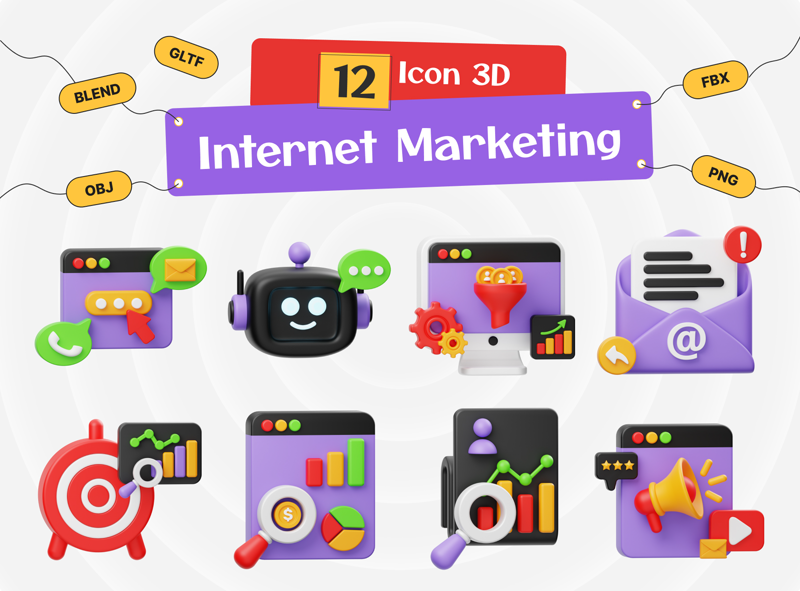 12 Internet Marketing 3d pack of graphics and illustrations