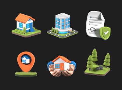 9 Pack de iconos animados de plataformas inmobiliarias 3d pack of graphics and illustrations