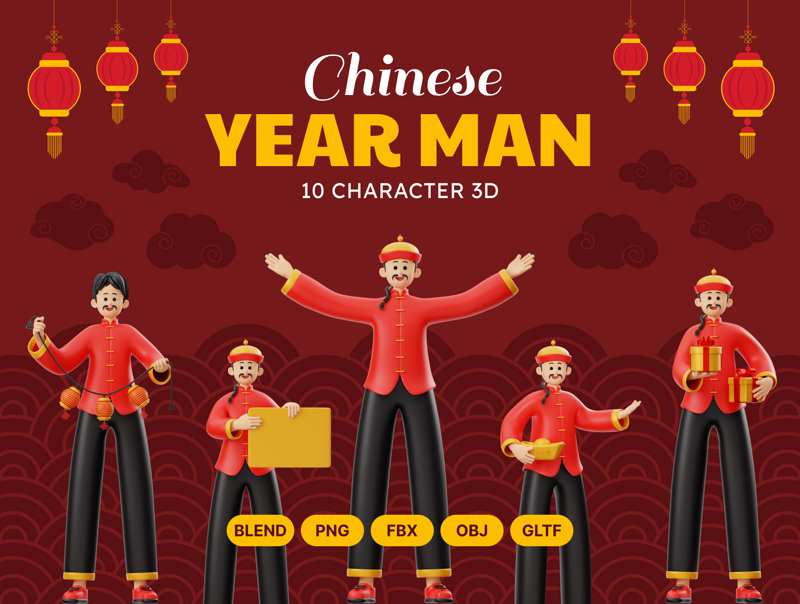 10 Año Nuevo Chino Hombre 3d pack of graphics and illustrations