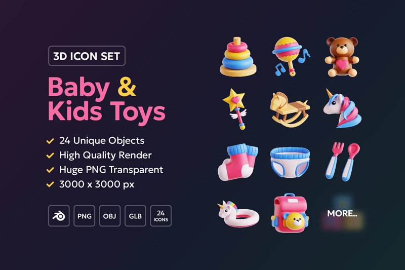 24 Baby & Kid's Toys 3d pack of graphics and illustrations