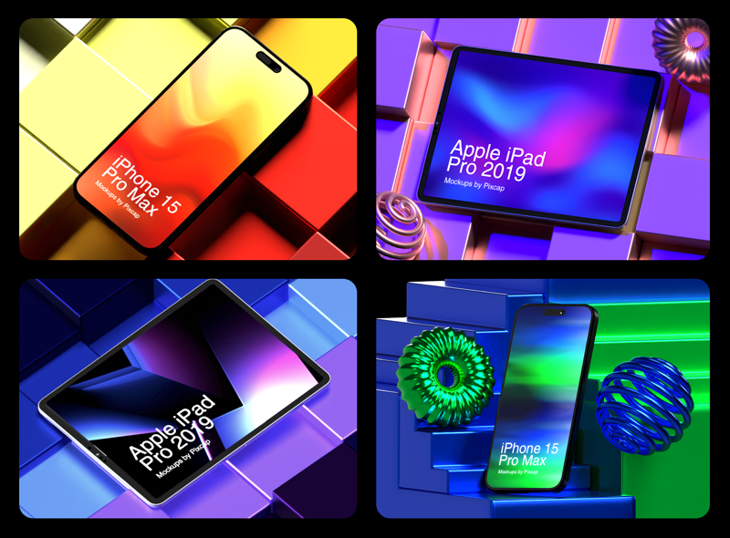 6 Futuristic Apple Device Mockup Pack 3d pack of graphics and illustrations