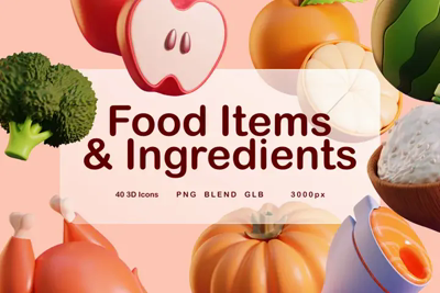 33 Food Items & Ingredients 3d pack of graphics and illustrations