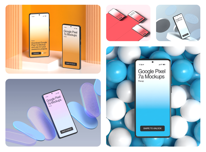 7 Google Pixel 7A Mockups 3d pack of graphics and illustrations