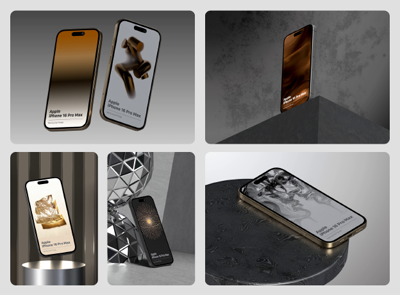 6 Wüste Metallic iPhone 16 Pro Mockups 3d pack of graphics and illustrations