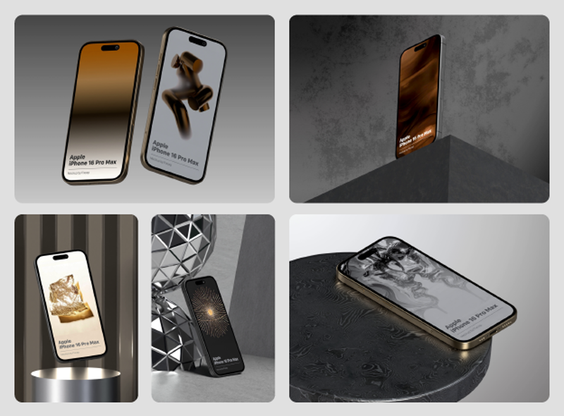 6 Desierto metálico iPhone 16 Pro Mockups 3d pack of graphics and illustrations