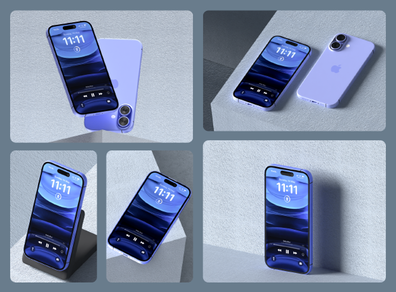 6 Mockups de Iphone 16 em Ultramarine 3d pack of graphics and illustrations