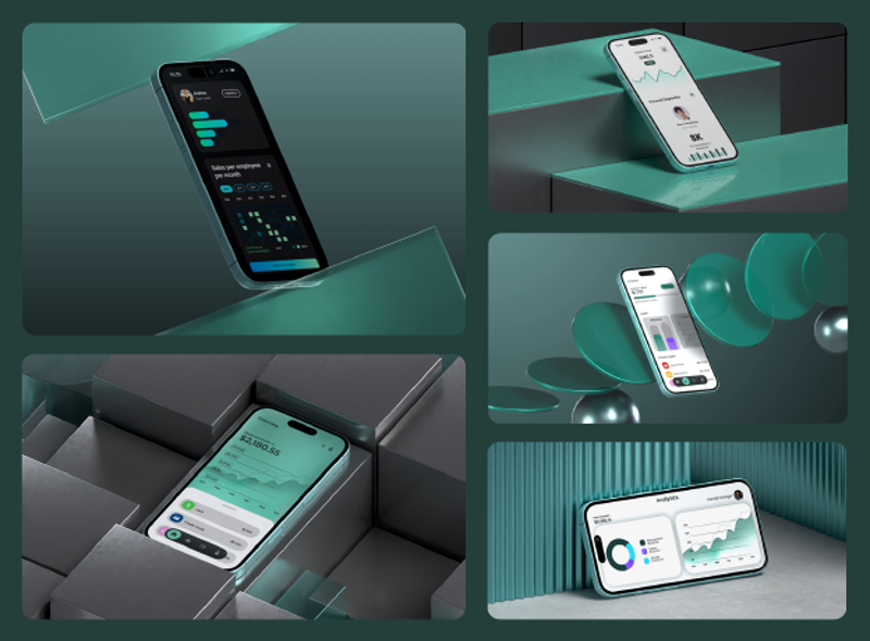 6 Teal Glassy iPhone 16 Mockups 3d pack of graphics and illustrations