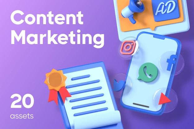 20 Content Marketing 3d pack of graphics and illustrations