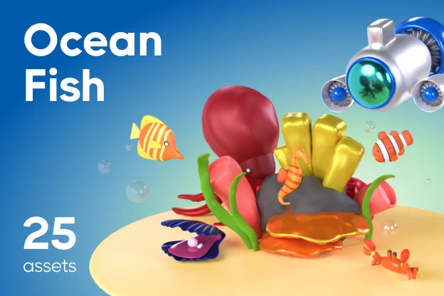 25 Ocean Fish 3d pack of graphics and illustrations
