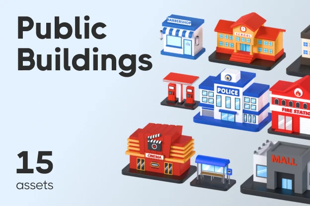15 Public Buildings 3d pack of graphics and illustrations
