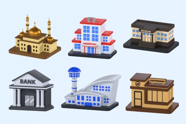15 Public Buildings 3d pack of graphics and illustrations