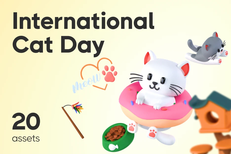 20 International Cat Day 3d pack of graphics and illustrations