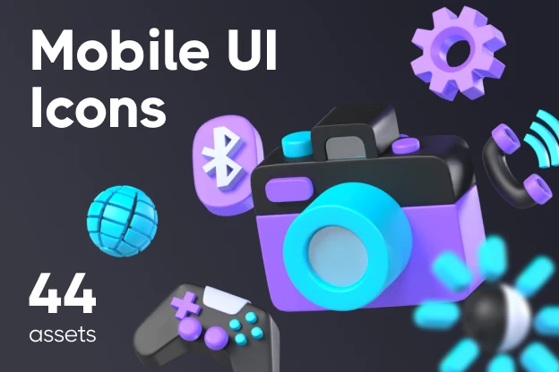 44 Mobile UI Icons 3d pack of graphics and illustrations