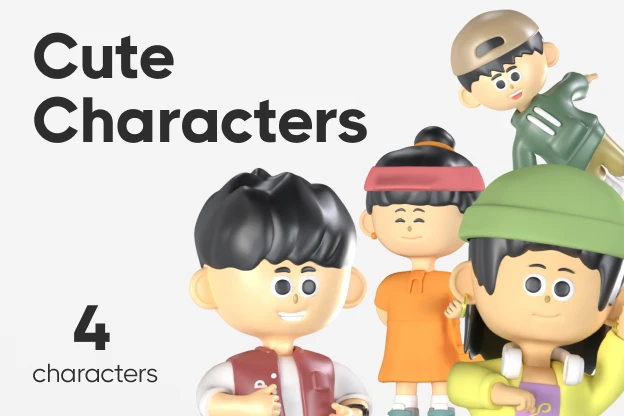 4 Cute Characters 3d pack of graphics and illustrations