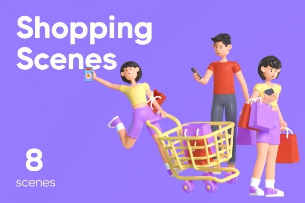 8 Shopping Scenes 3d pack of graphics and illustrations