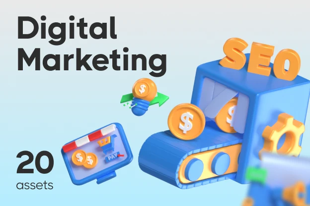20 Digital Marketing 3d pack of graphics and illustrations