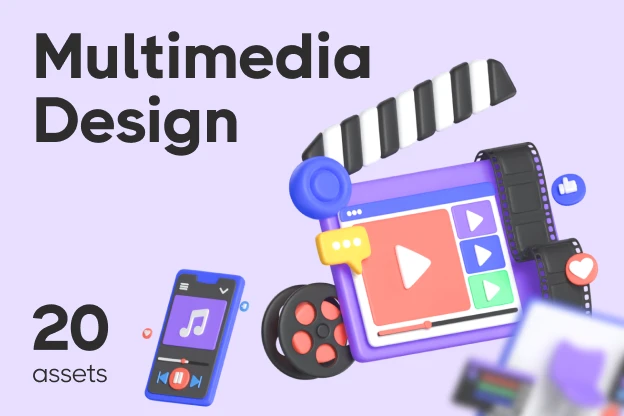 20 Multimedia Design 3d pack of graphics and illustrations