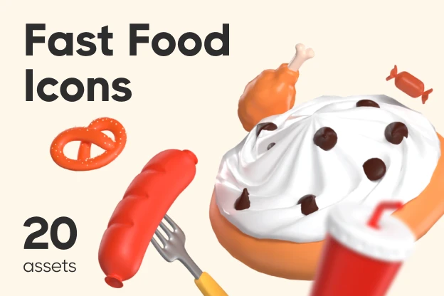 20 Fast Food Icons 3d pack of graphics and illustrations