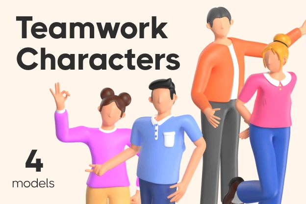 4 Teamwork Characters 3d pack of graphics and illustrations