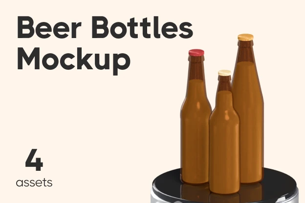 4 Beer Bottles Mockup 3d pack of graphics and illustrations