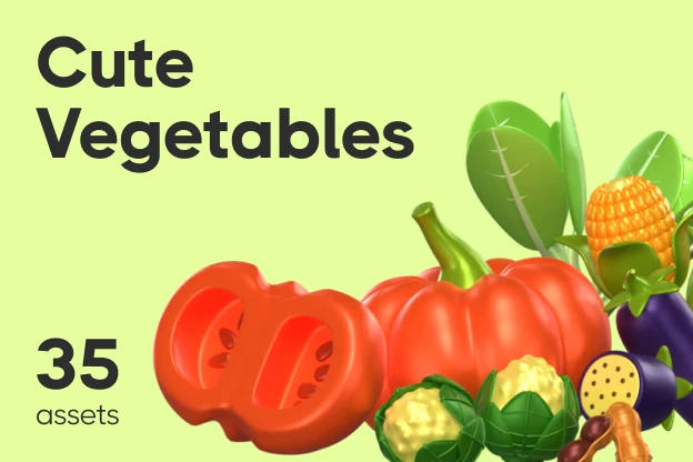 35 Cute Vegetables 3d pack of graphics and illustrations