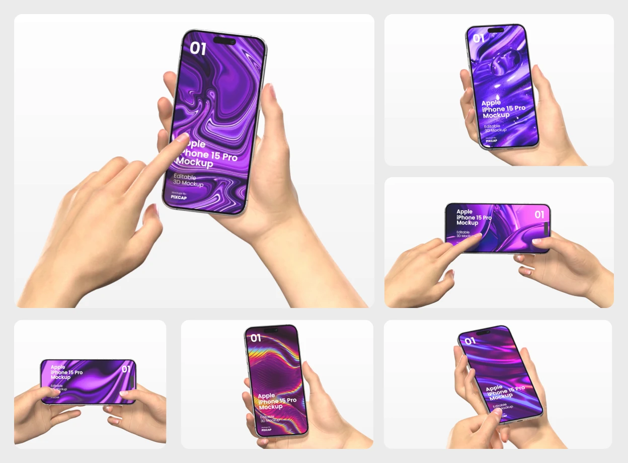 6 Realistic Hands Holding Iphone 15 Pro 3d pack of graphics and illustrations