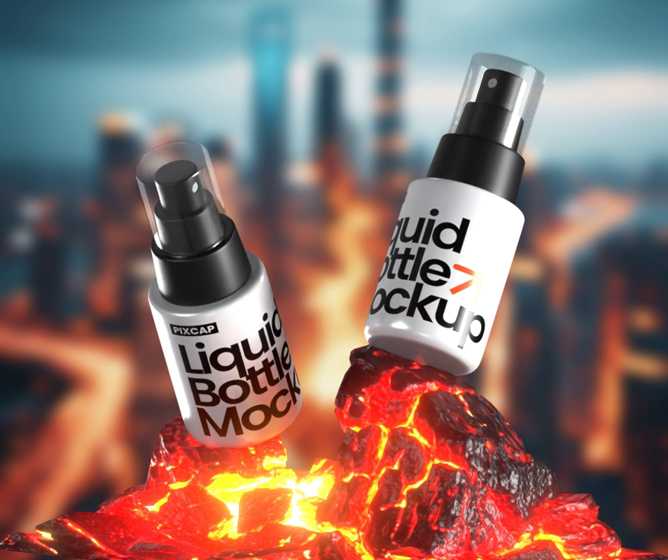 Liquid Spray Bottles 3D Mockup Over The Fire Flame  3D Template