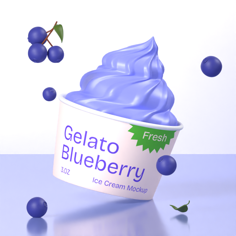 Blueberry Gelato With Blueberries Around 3D Animated Mockup 3D Template