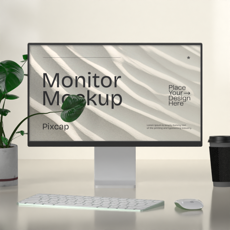 Monitor 3D Mockup With Plant And Coffee Cup 3D Template