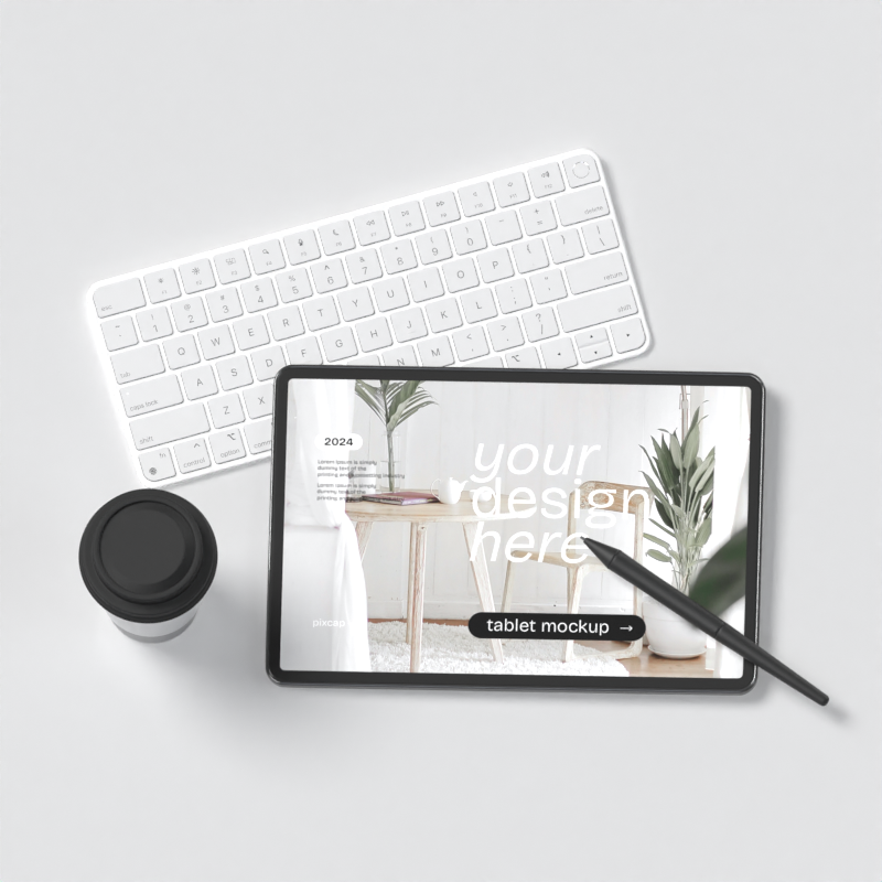 Tablet 3D Mockup Template With Keyboard And Coffee Cup Top View 3D Template