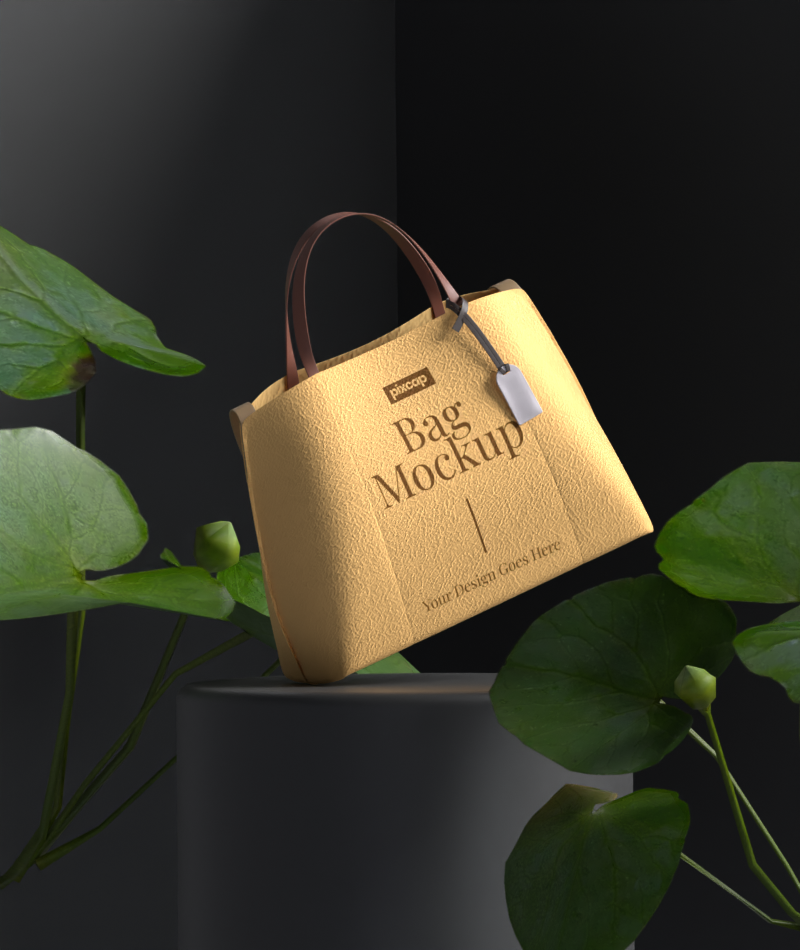 Animated Bag 3D Mockup Over The Podium And The Surrounding Plants 3D Template
