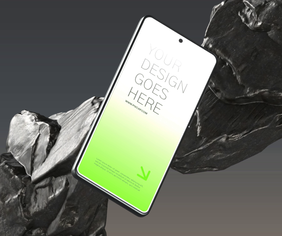 3D Animated Mockup For Phone Product With Two Rocks Behind 3D Template