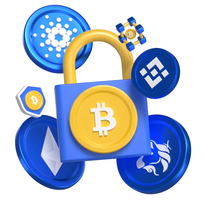 Ensuring Security For Cryptocurrencies Holdings 3D Scene 3D Illustration