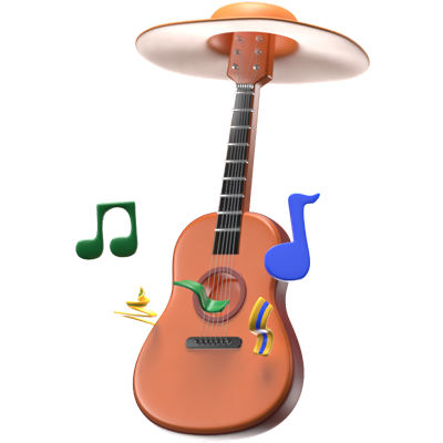 3D Festival Guitar With A Hat And Notes 3D Graphic