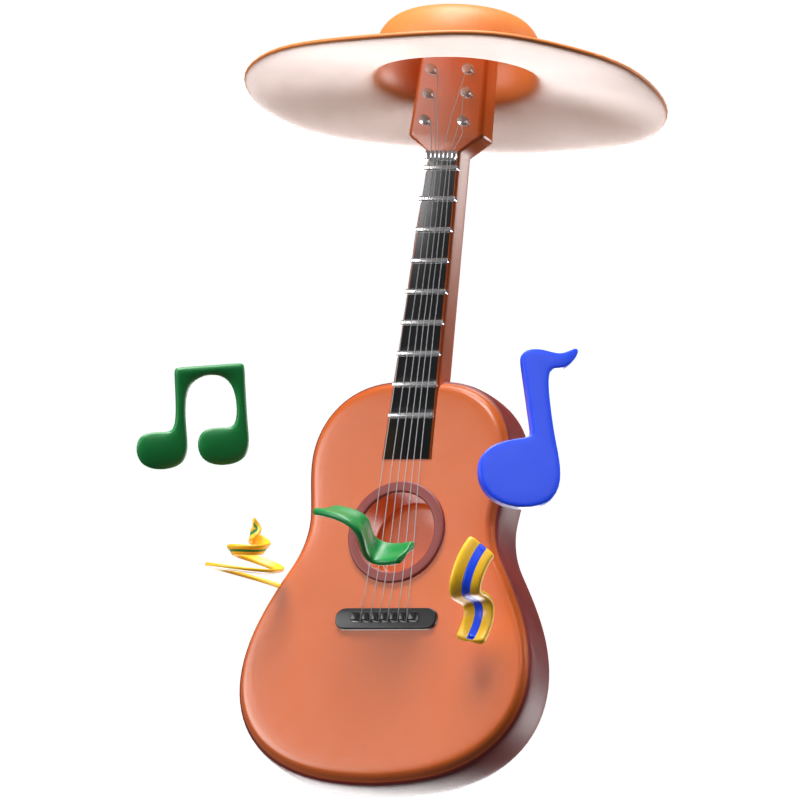 3D Festival Guitar With A Hat And Notes 3D Graphic