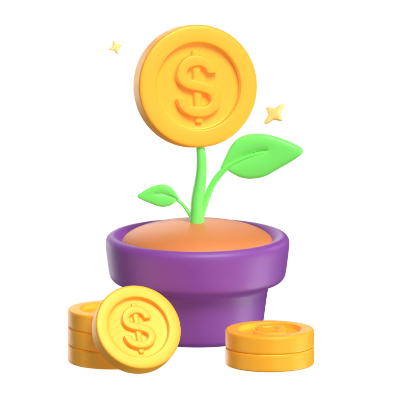 Investment Plant With Dollar Coins Around 3D Scene 3D Illustration