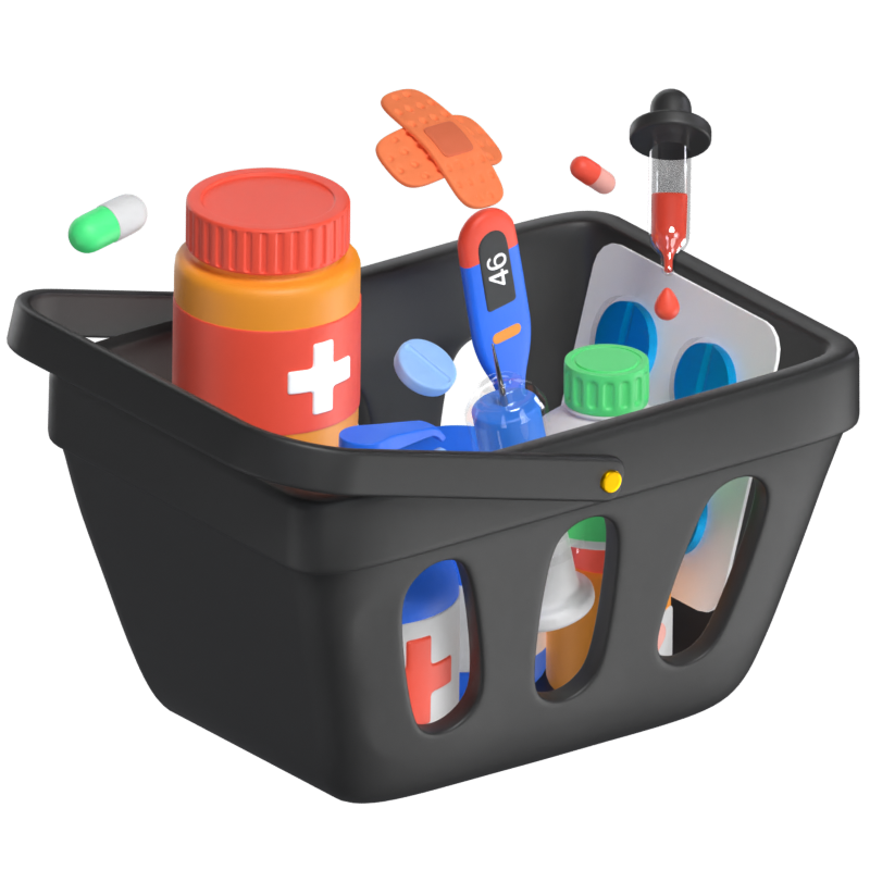 Medicine Supplies In Basket 3D Scene 3D Illustration