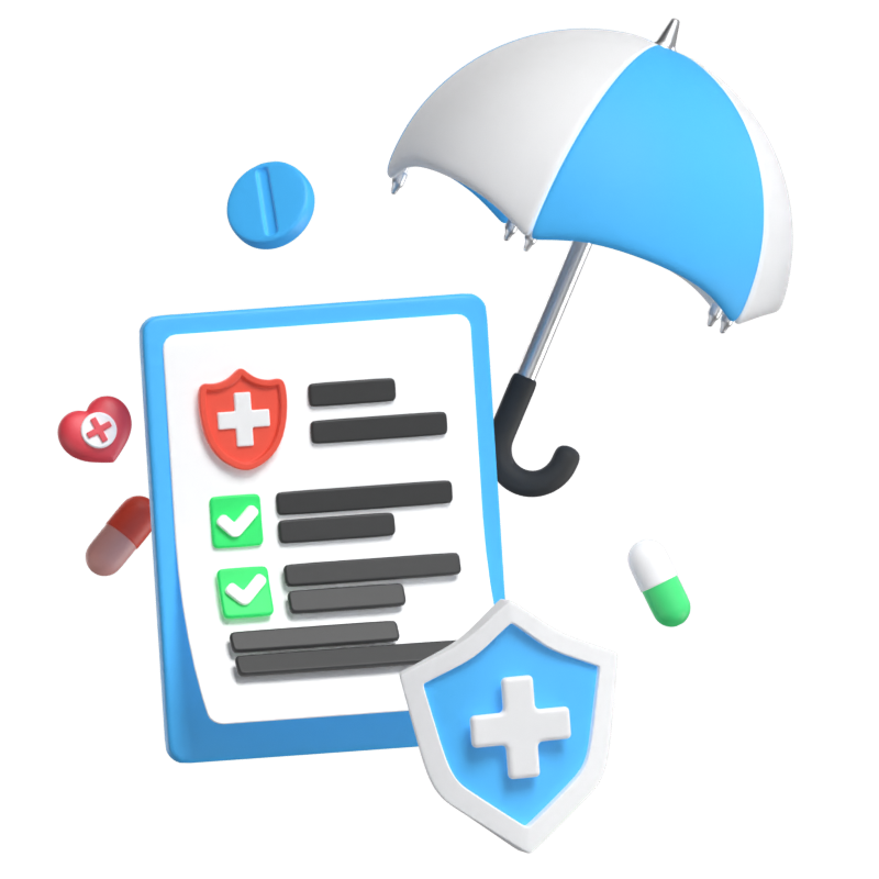 Prescription With Shield And Umbrella Symbolizing Health Insurance 3D Scene 3D Illustration