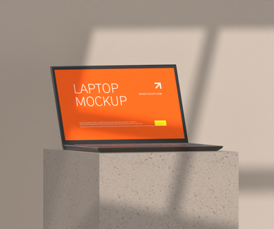 3D Mockup Laptop On Podium With Simple Background Style 3D Template