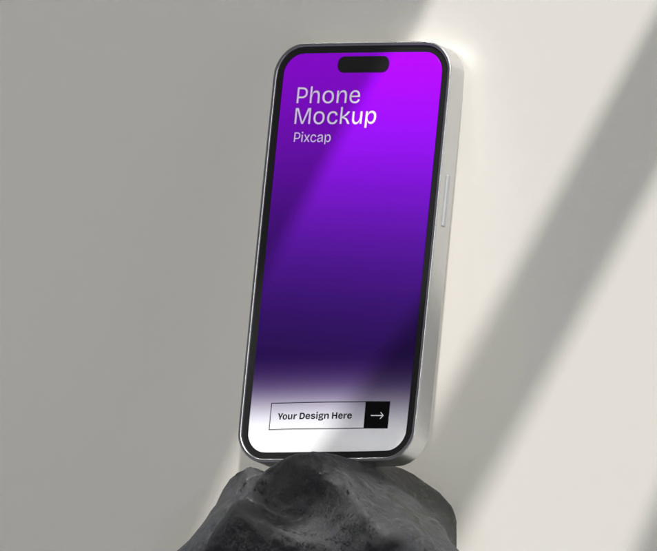 Phone 3D Mockup On Rock With Lighting Reflect On Wall