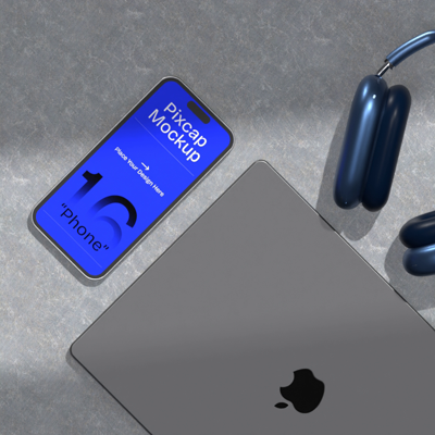 iPhone 14 Pro 3D Mockup With Closed Macbook And Blue Airpods Max 3D Template