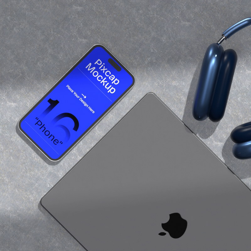 iPhone 14 Pro 3D Mockup With Closed Macbook And Blue Airpods Max