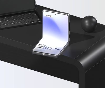 Flip Phone 3D Mockup On Black Desk With Black Set Of Decoration 3D Template