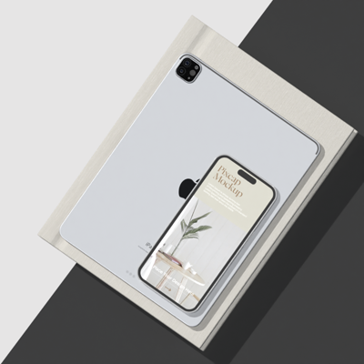 iPhone 14 Pro On The Back Of iPad And Book 3D Mockup 3D Template